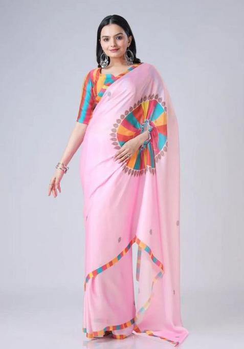 Pink Printed Silk Saree Set