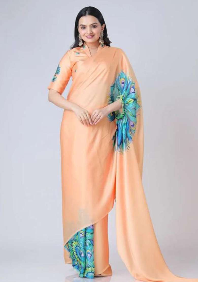 Soft Peach Printed Silk Saree Set - Indya