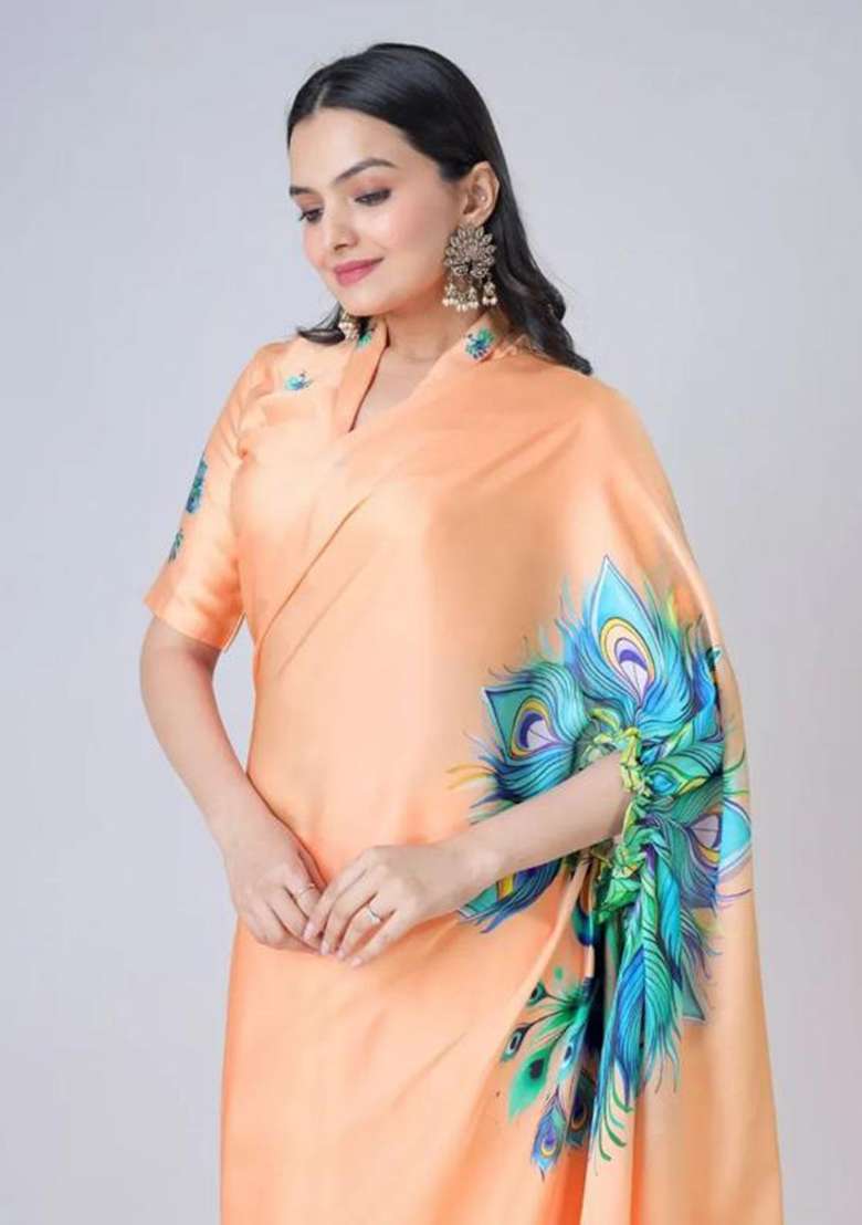 Soft Peach Printed Silk Saree Set - Indya