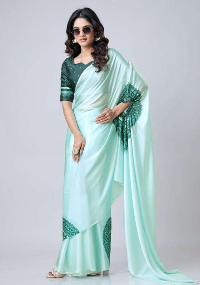 Green Printed Silk Saree Set - Indya