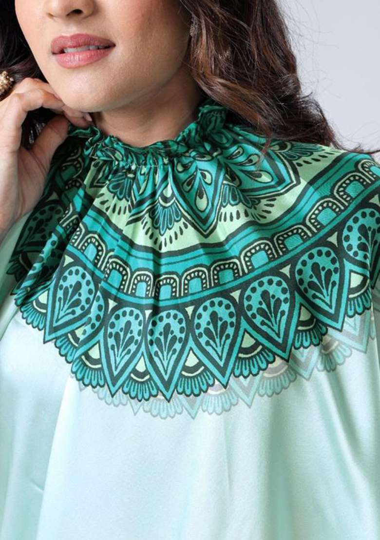 Green Printed Silk Saree Set - Indya