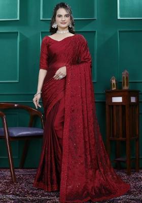 Red Embroidery Silk Saree Set