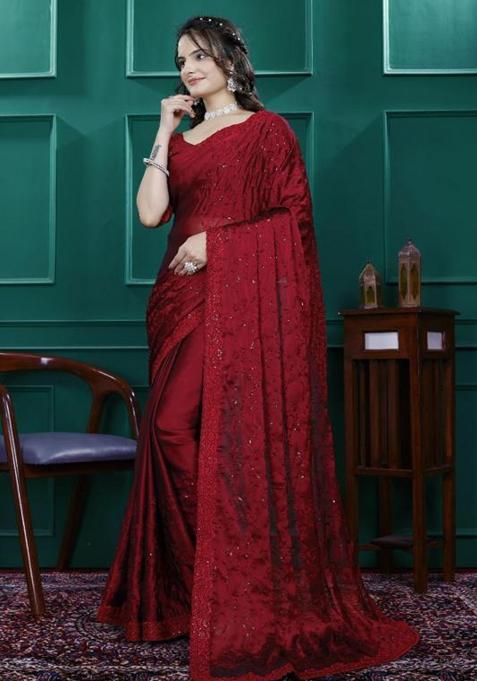 Red Embroidery Silk Saree Set