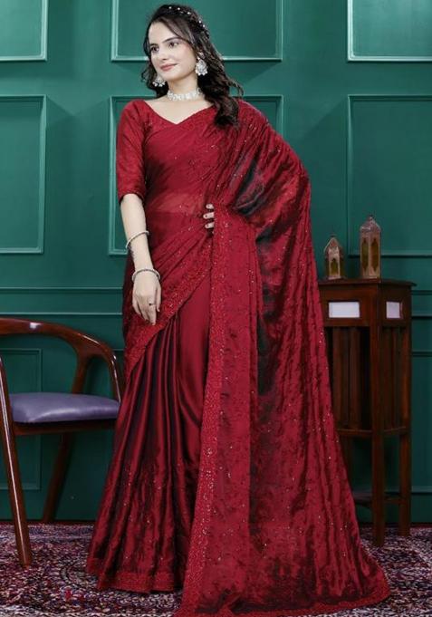 Red Embroidery Silk Saree Set