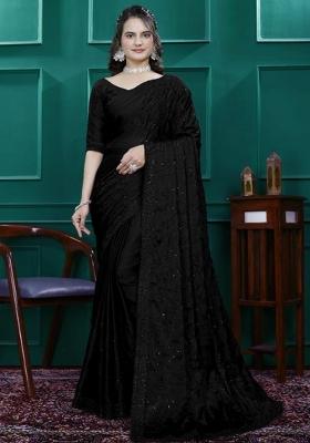 Black Embroidery Silk Saree Set
