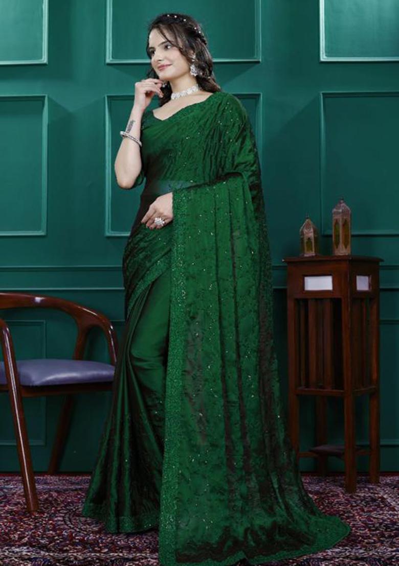 Green Embroidery Silk Saree Set