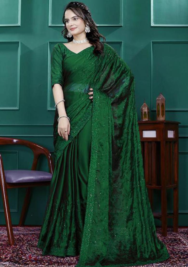 Green Embroidery Silk Saree Set