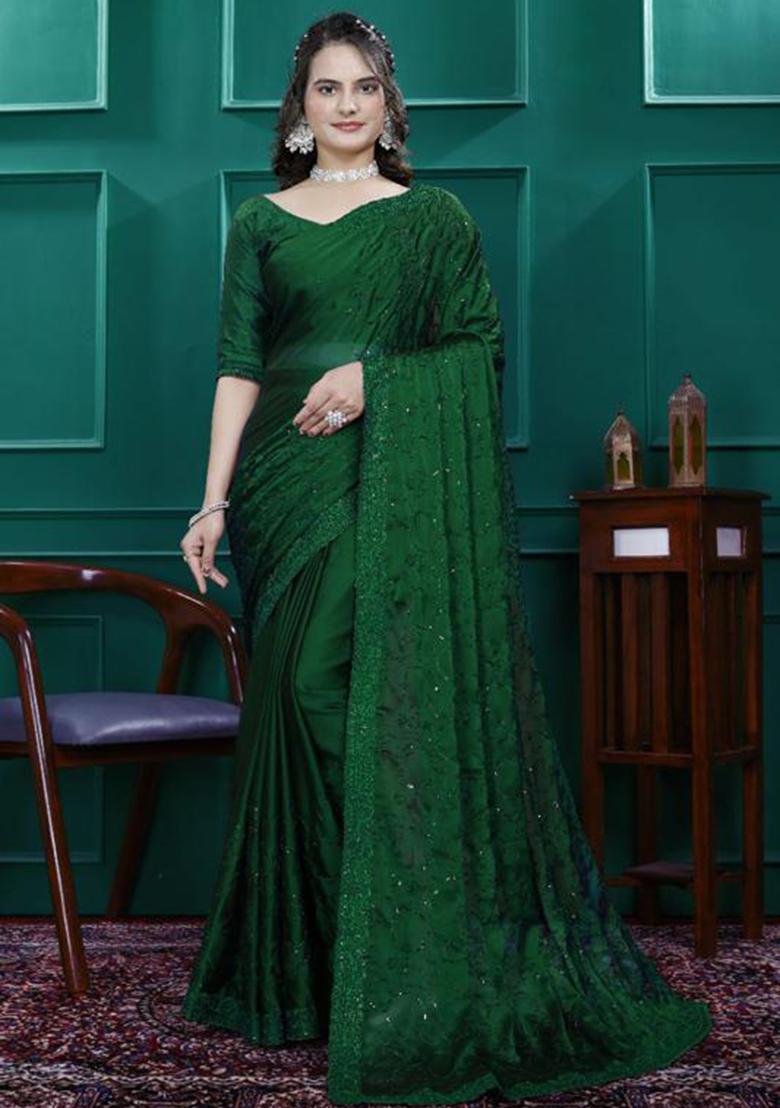 Green Embroidery Silk Saree Set