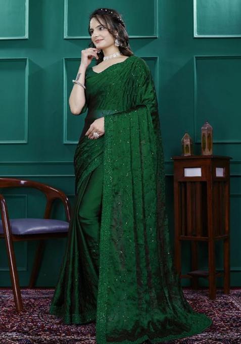 Green Embroidery Silk Saree Set