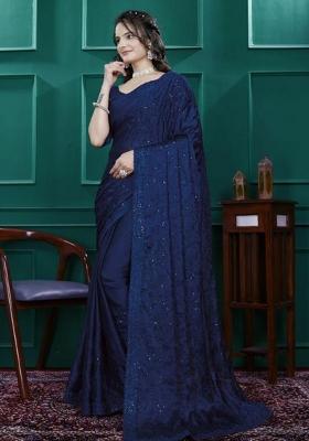 Blue Embroidery Silk Saree Set
