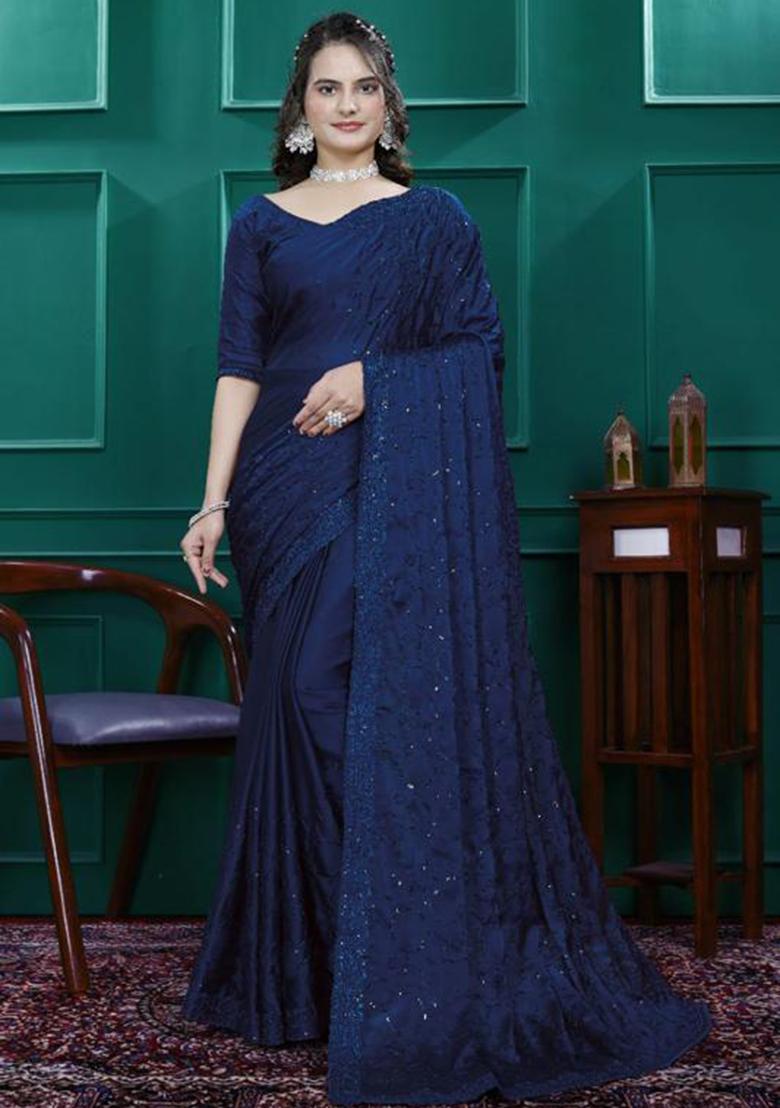 Blue Embroidery Silk Saree Set - Indya