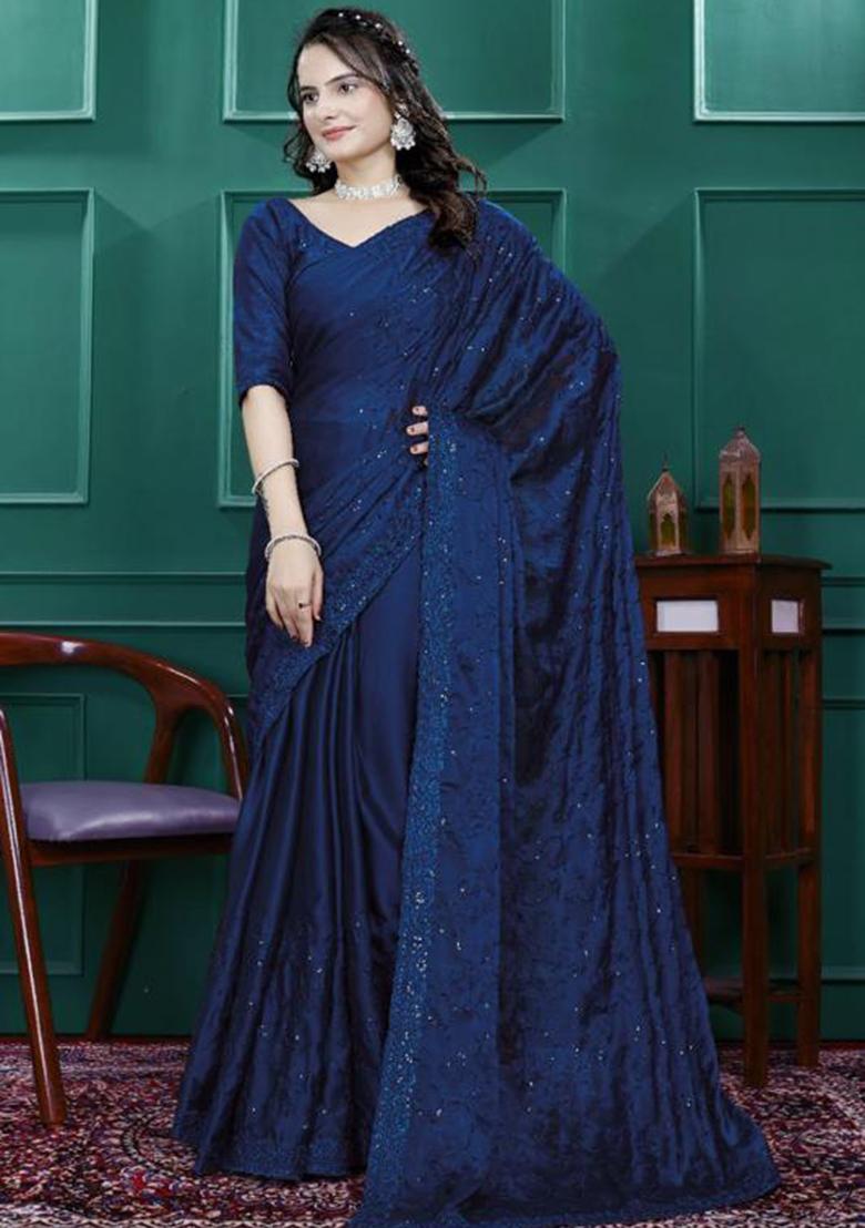 Blue Embroidery Silk Saree Set