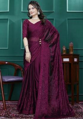 Wine Embroidery Silk Saree Set