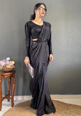 Black Designer Border Work Silk Saree Set