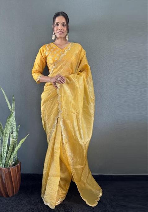Yellow Designer Border Work Silk Saree Set