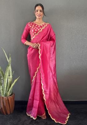 Pink Designer Border Work Silk Saree Set