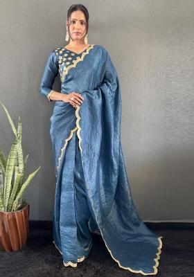 Blue Designer Border Work Silk Saree Set
