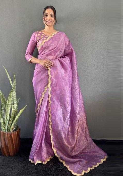 Lavender Designer Border Work Silk Saree Set