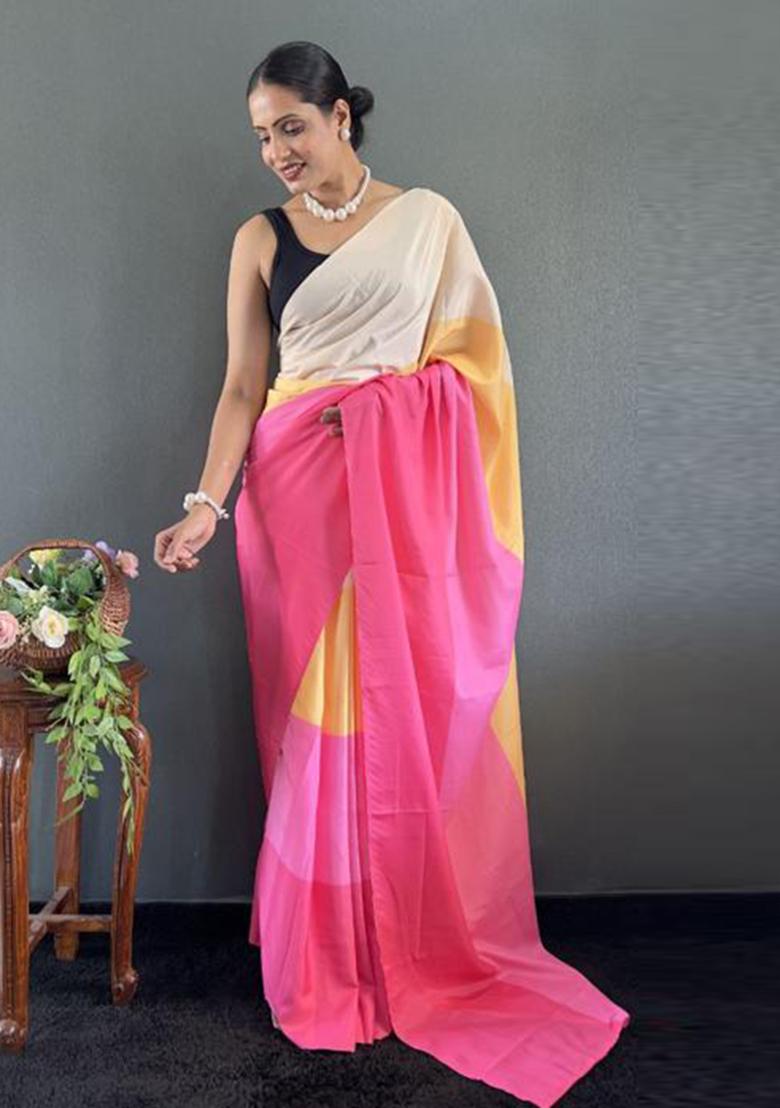 Pink Digital Printed Silk Saree Set