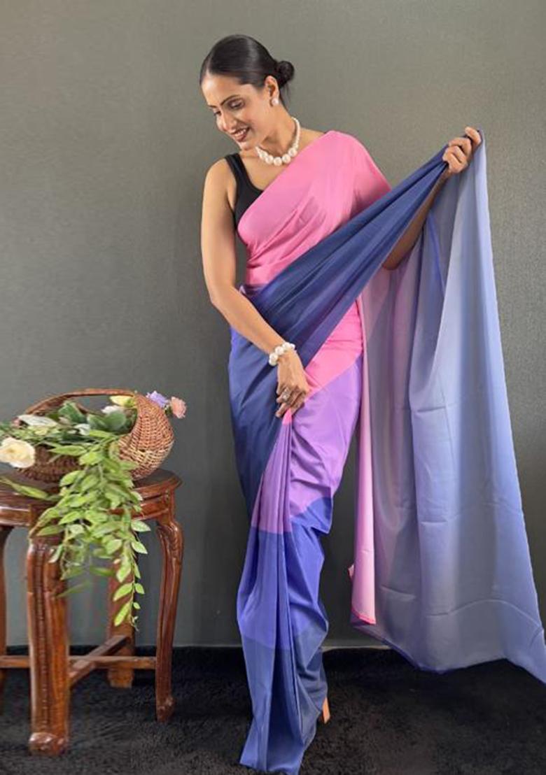 Blue Digital Printed Silk Saree Set - Indya