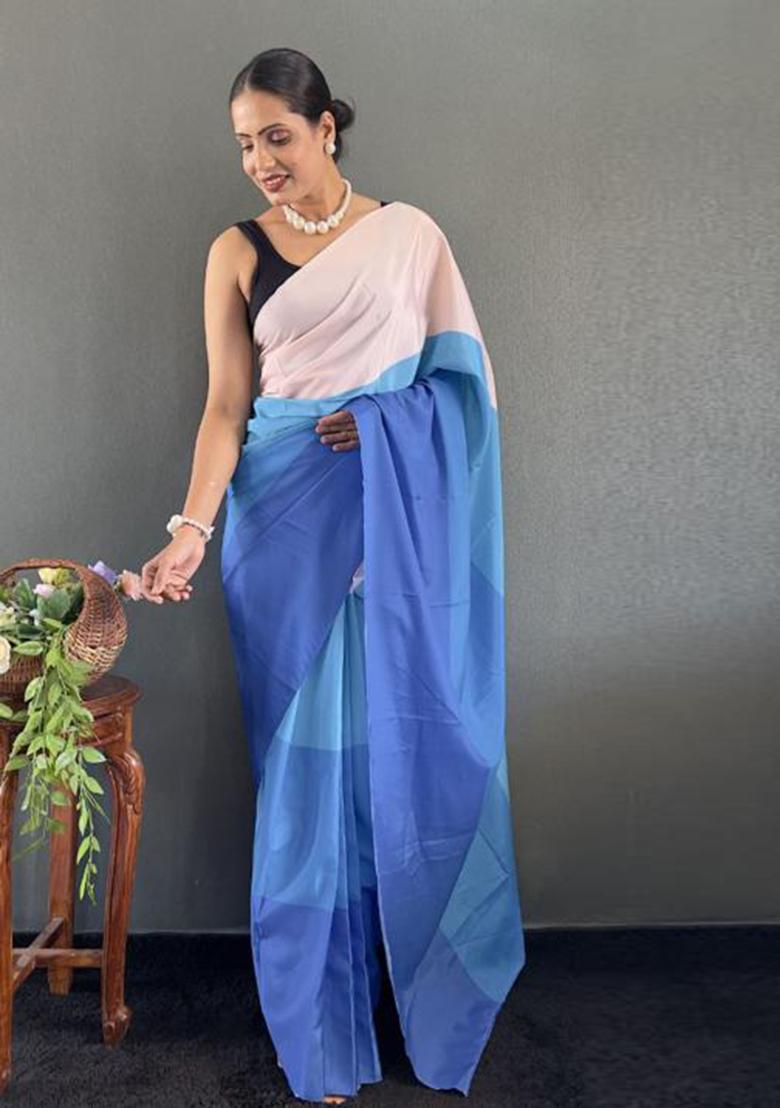 Blue Digital Printed Silk Saree Set