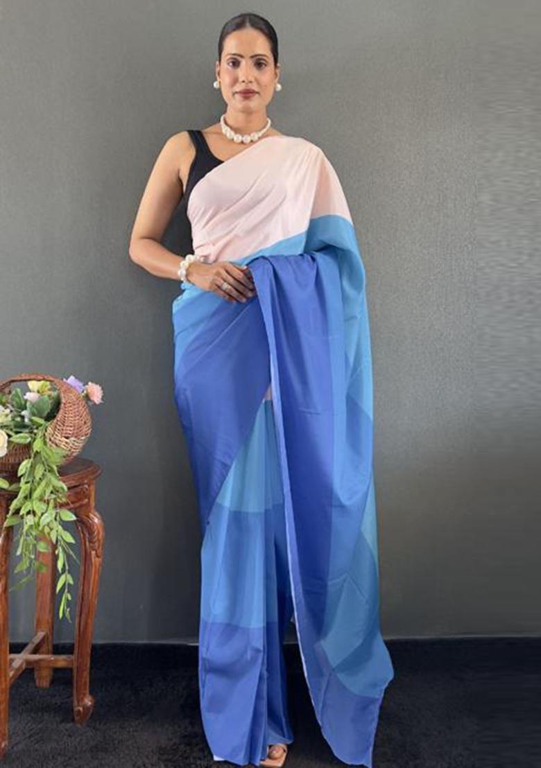 Blue Digital Printed Silk Saree Set