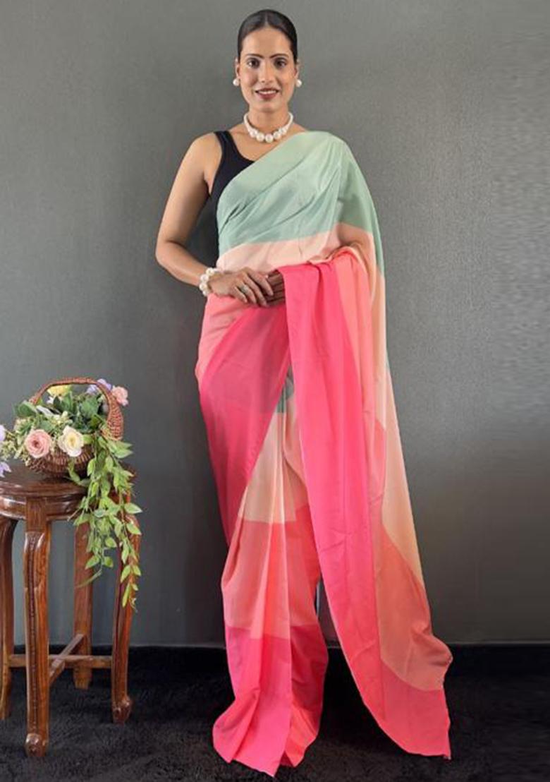 Multi Color Digital Printed Silk Saree Set