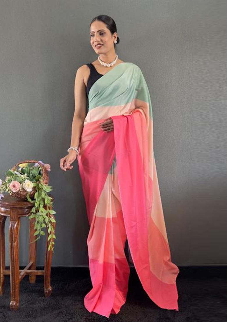 Multi Color Digital Printed Silk Saree Set