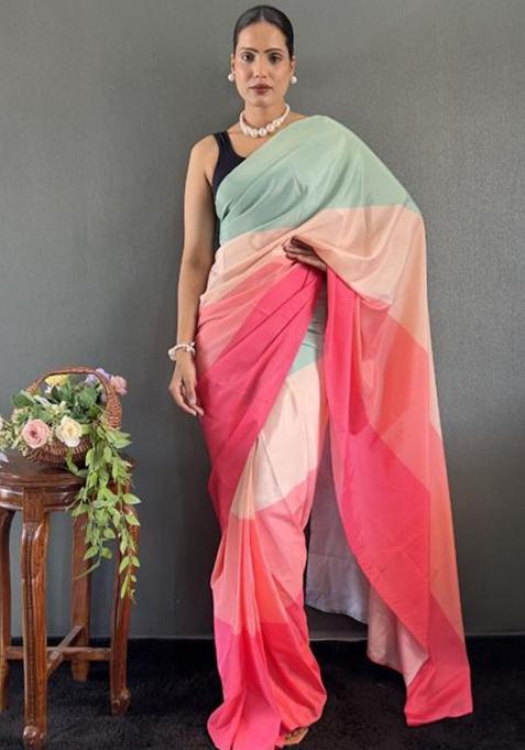 Multi Color Digital Printed Silk Saree Set
