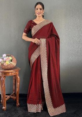 Maroon Zari Work Silk Saree Set