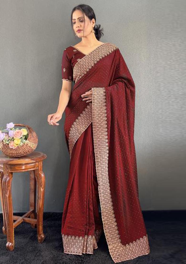 Maroon Zari Work Silk Saree Set