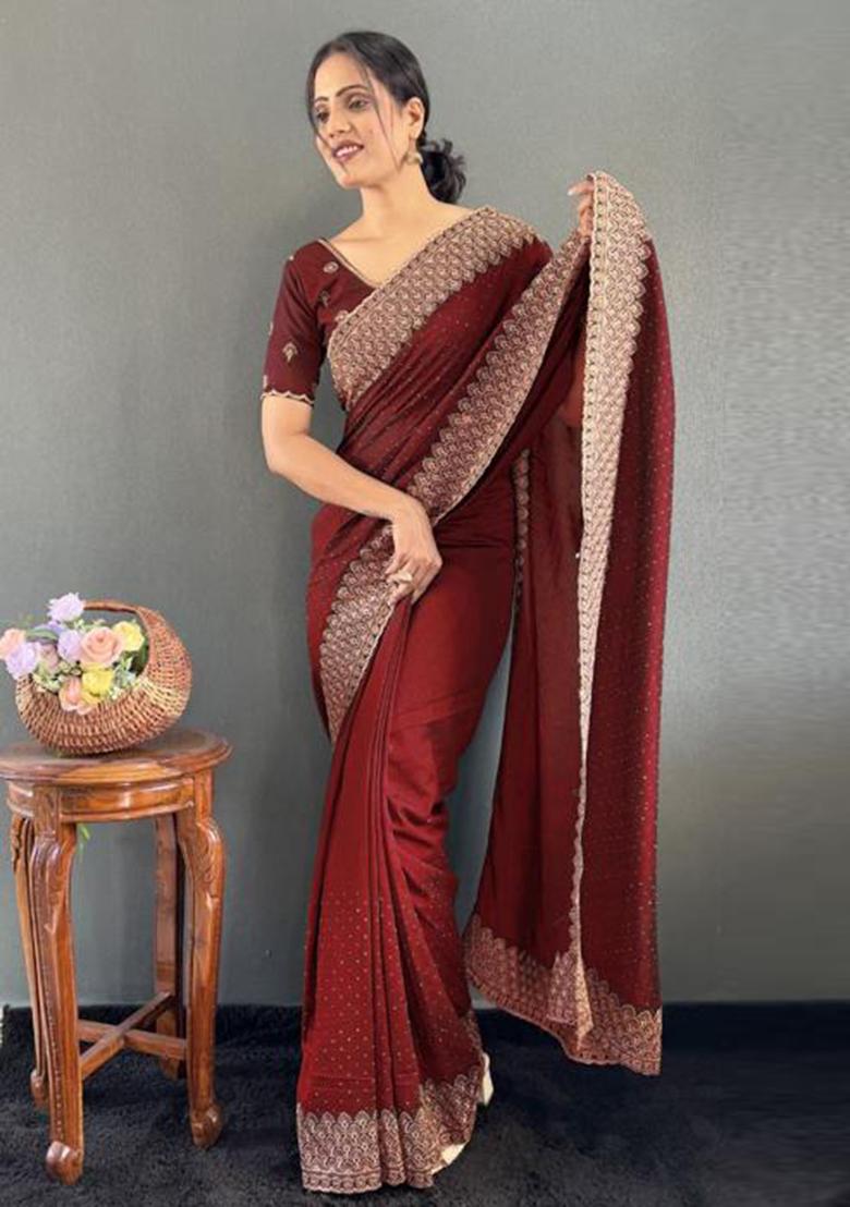 Maroon Zari Work Silk Saree Set