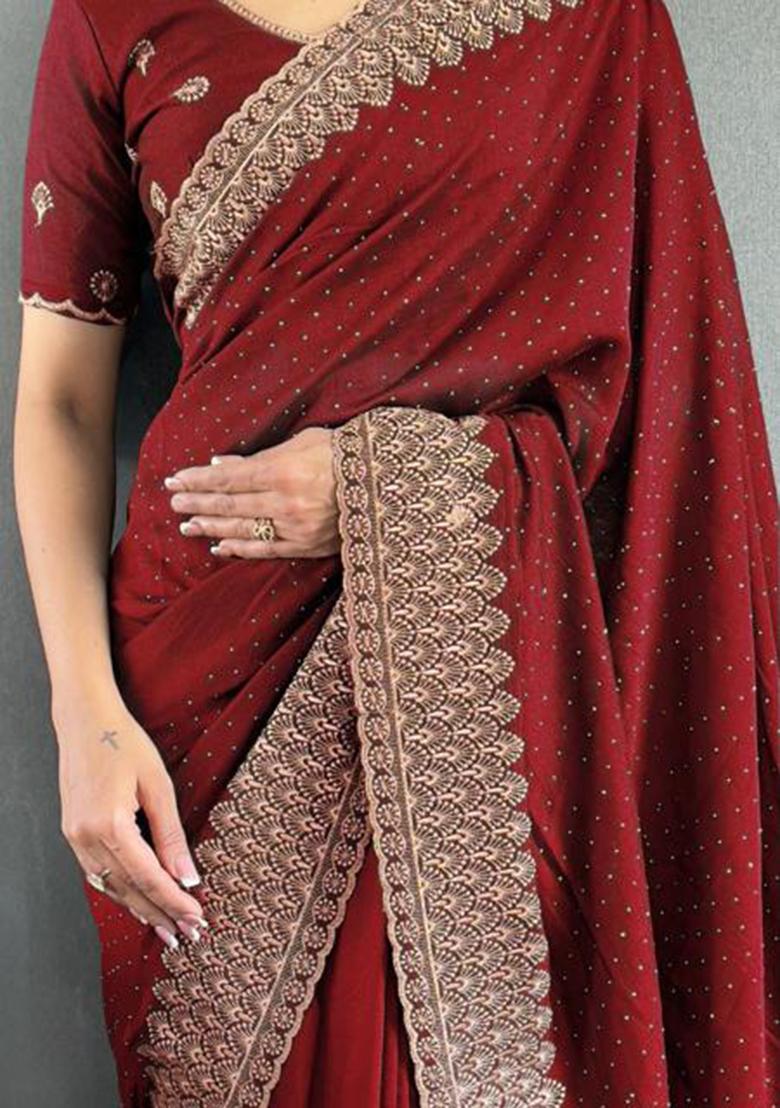 Maroon Zari Work Silk Saree Set