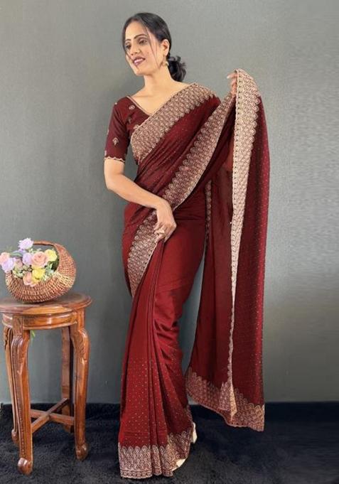 Maroon Zari Work Silk Saree Set