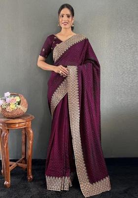 Purple Zari Work Silk Saree Set