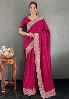 Rani Pink Zari Work Silk Saree Set