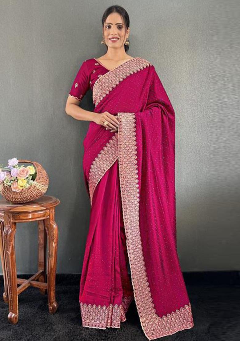 Rani Pink Zari Work Silk Saree Set