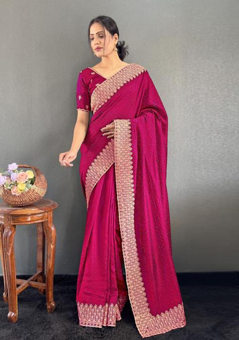 Rani Pink Zari Work Silk Saree Set