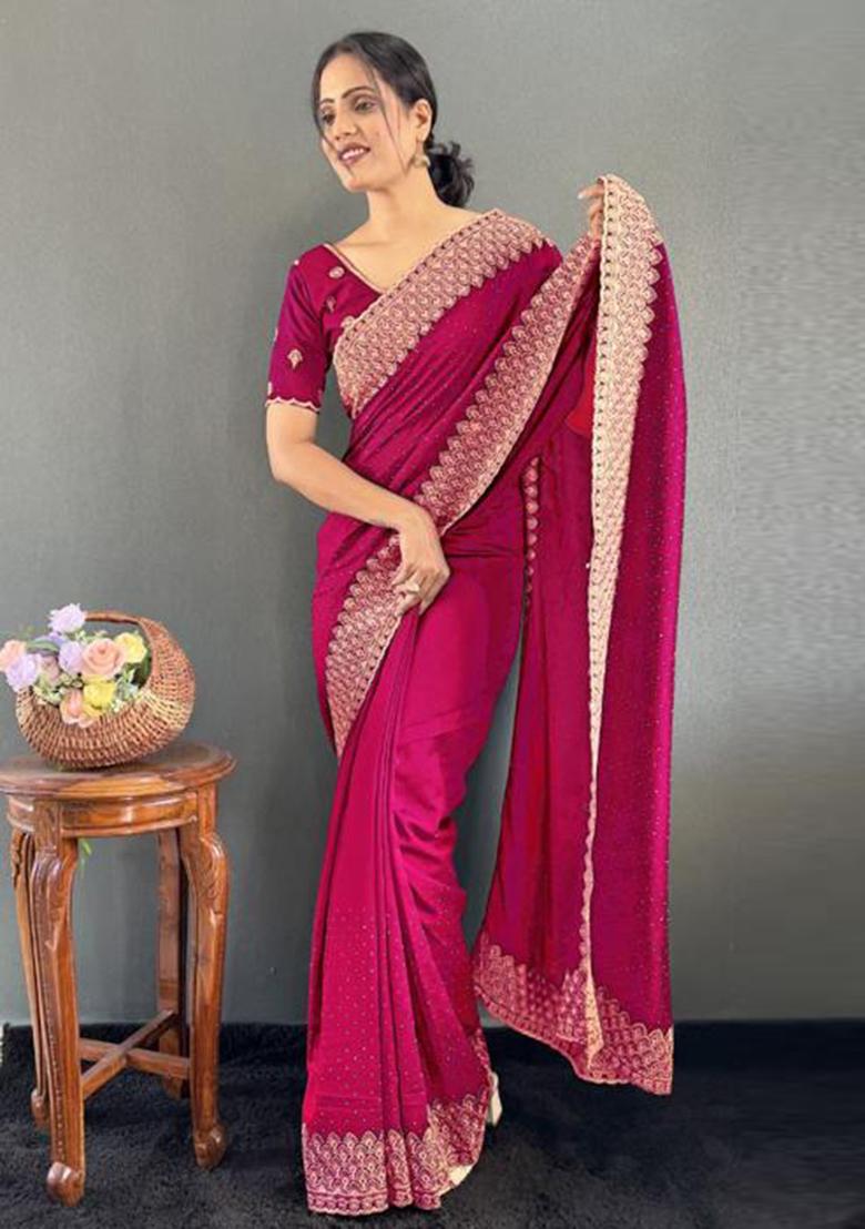 Rani Pink Zari Work Silk Saree Set