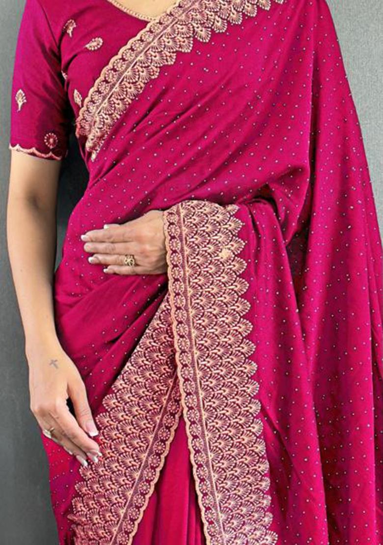 Rani Pink Zari Work Silk Saree Set