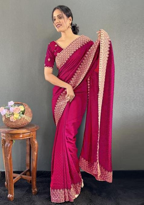 Rani Pink Zari Work Silk Saree Set