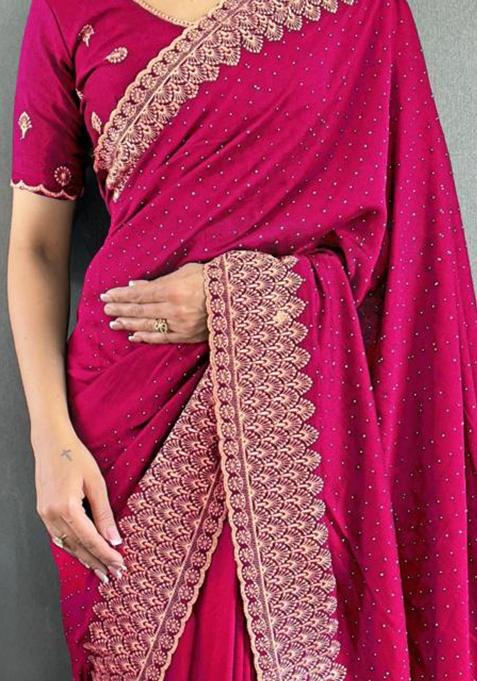 Rani Pink Zari Work Silk Saree Set