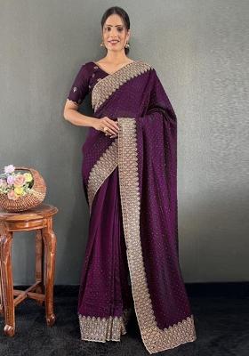 Dark Purple Zari Work Silk Saree Set