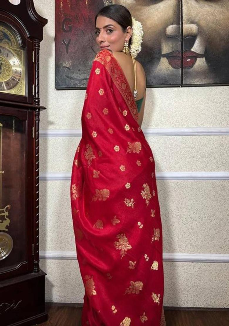 Red Jacquard Silk Saree Set