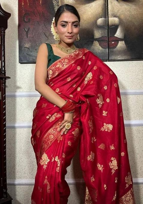 Red Jacquard Silk Saree Set