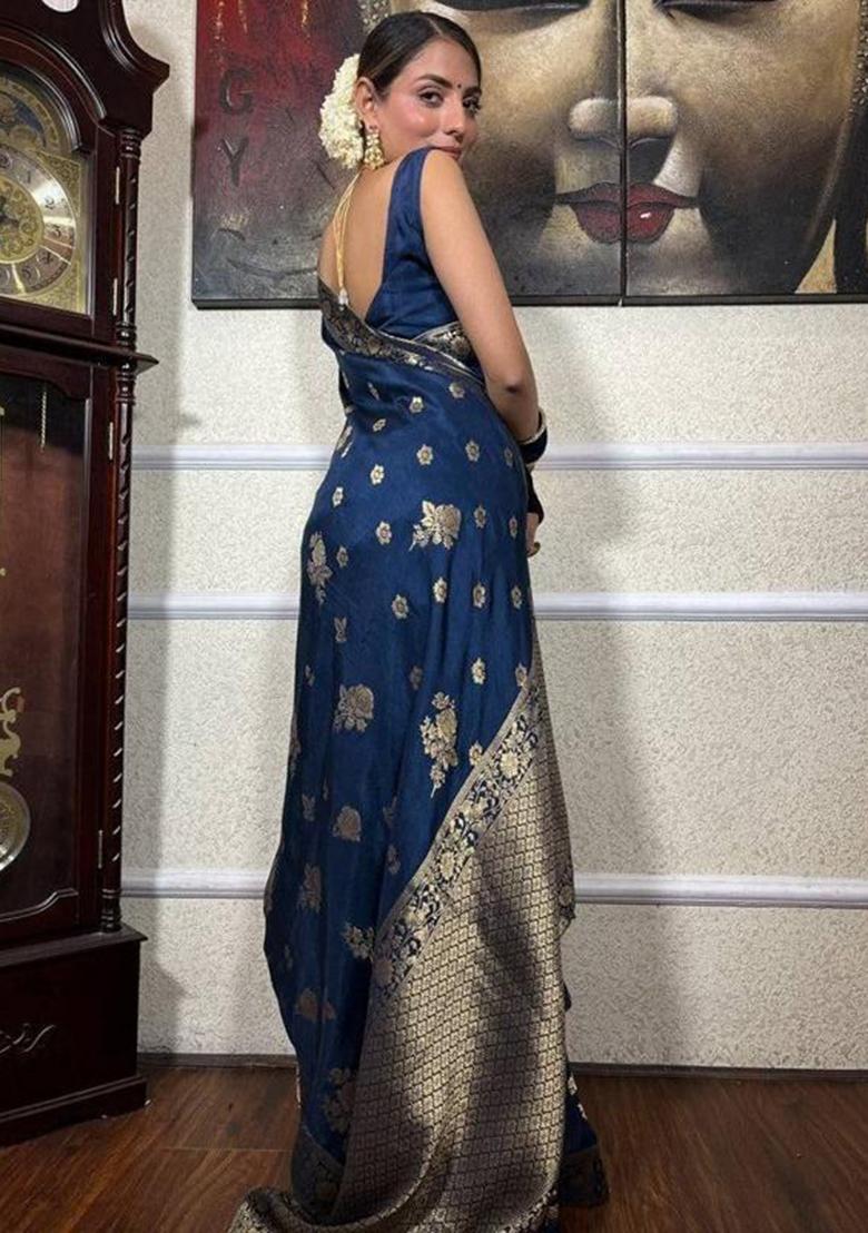 Blue Jacquard Silk Saree Set