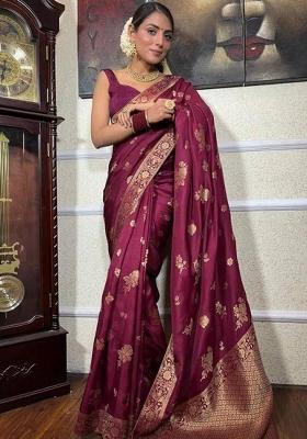 Wine Jacquard Silk Saree Set