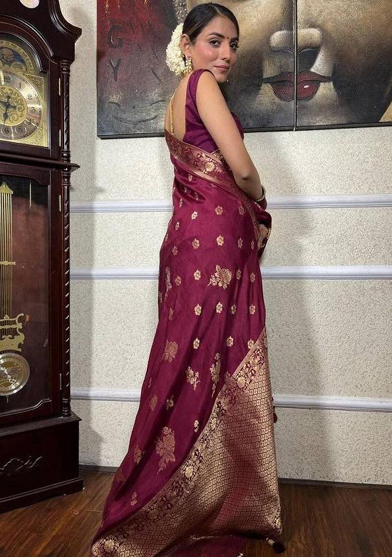 Wine Jacquard Silk Saree Set