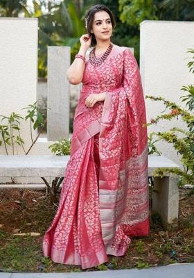 Pink Jacquard Silk Saree Set