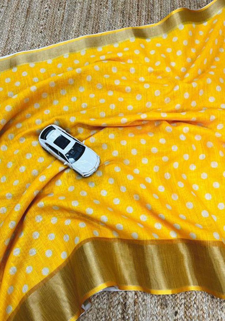 Yellow Printed Linen Saree Set